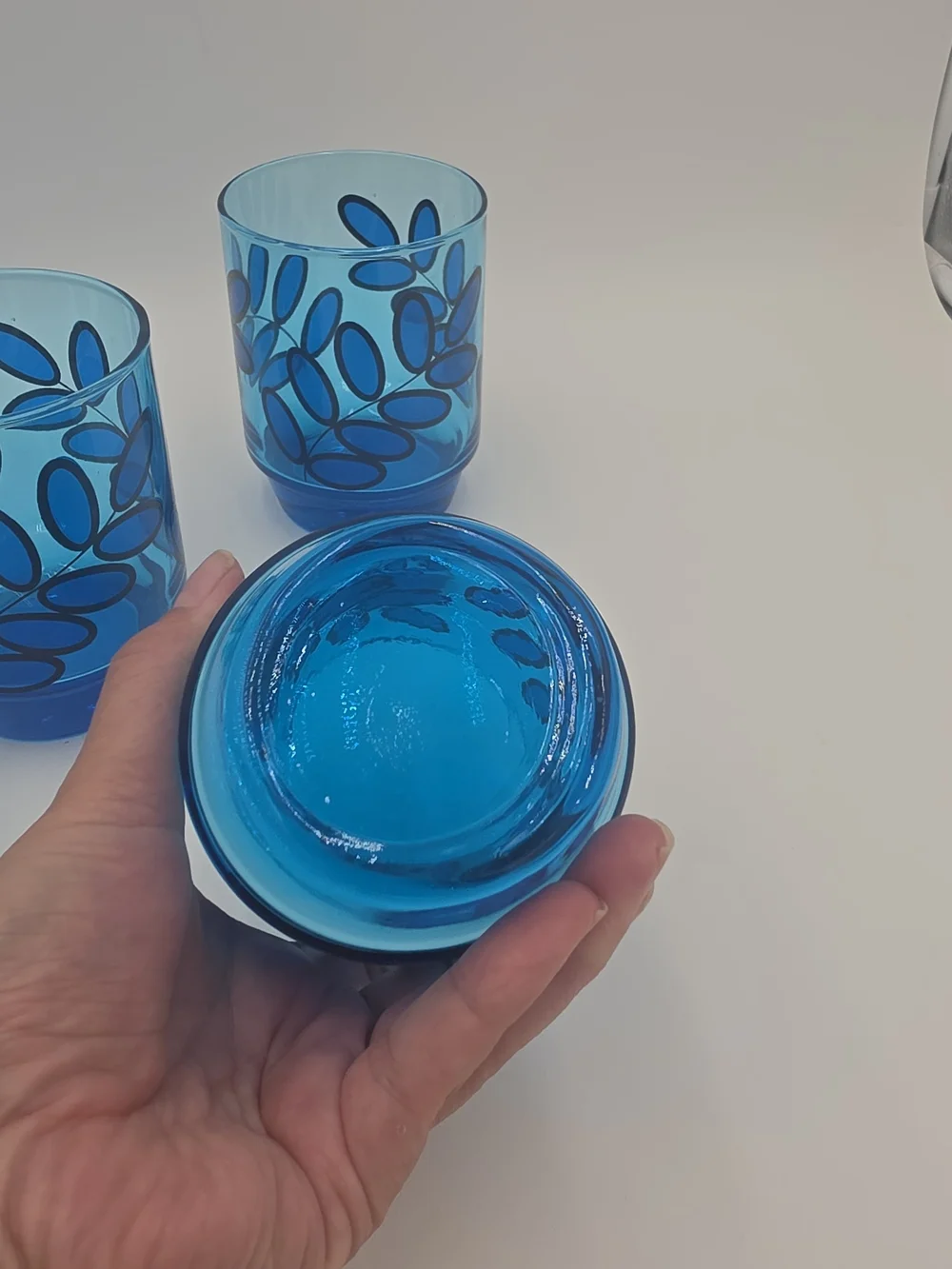 Vintage Mid‑Century J. Wm. Hale Cobalt Blue Leaf Print Lowball Glasses – Set of